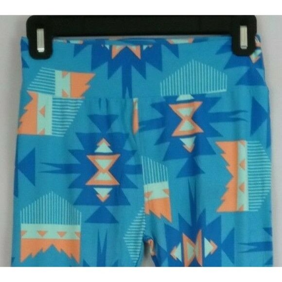 New LuLaRoe One Size Leggings Blue & Peach With Aztec Design - Picture 4 of 6